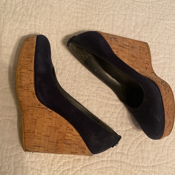 Stuart Weitzman Corkswoon Navy Blue Suede Platform Wedge - Picture 3 of 7